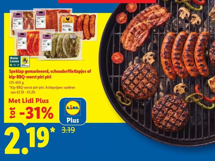 Speklap gemarineerd, schouderfiletlapjes of kip-BBQ-worst prik piri