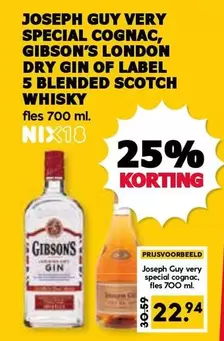 Label - JOSEPH GUY VERY SPECIAL COGNAC, GIBSON'S LONDON DRY GIN OF LABEL 5 BLENDED SCOTCH WHISKY