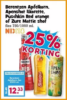 RED - Berentzen Apfelkorn, Apenshot Likorette, Puschkin Red orange of Zure Mattie shot
