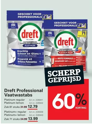 one - Dreft Professional Vaatwastabs Platinum regular, Platinum lemon, Platinum+ regular, Platinum+ lemon