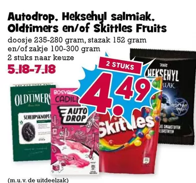 De - Autodrop. Heksehyl salmiak. Oldtimers en/of Skittles Fruits