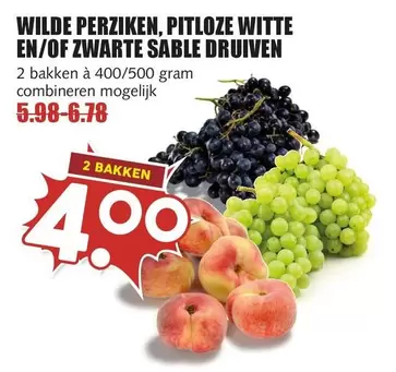 Wilde perziken, pitloze witte en/of zwarte sable druiven