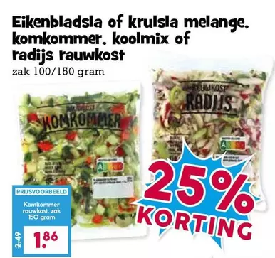 Eikenbladsla of krulsla melange, komkommer, koolmix of radijs rauwkost