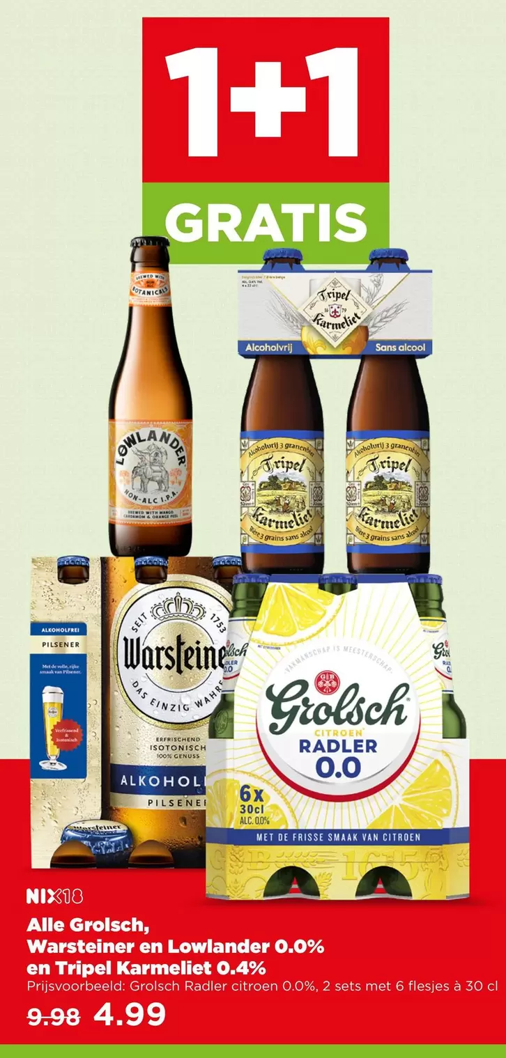 De - Grolsch, Warsteiner en Lowlander 0.0% en Tripel Karmeliet 0.4%