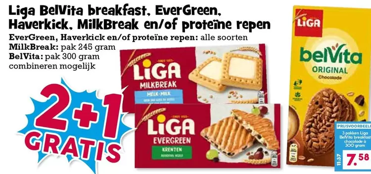 Liga BelVita breakfast, EverGreen, Haverkick, MilkBreak en/of proteïne repen