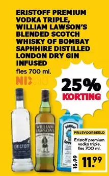 ERISTOFF PREMIUM VODKA TRIPLE, WILLIAM LAWSON'S BLENDED SCOTCH WHISKY OF BOMBAY SAPPHIRE DISTILLED LONDON DRY GIN INFUSED