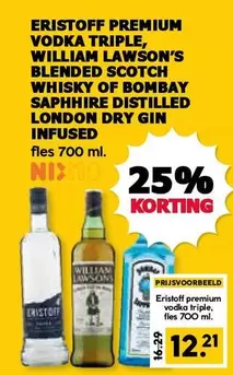 Eristoff Premium Vodka Triple, William Lawson's Blended Scotch Whisky, Bombay Sapphire Distilled London Dry Gin