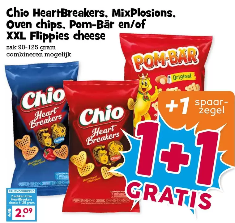 HeartBreakers, MixPlosions, Oven chips, Pom-Bär en/of XXL Flippies cheese