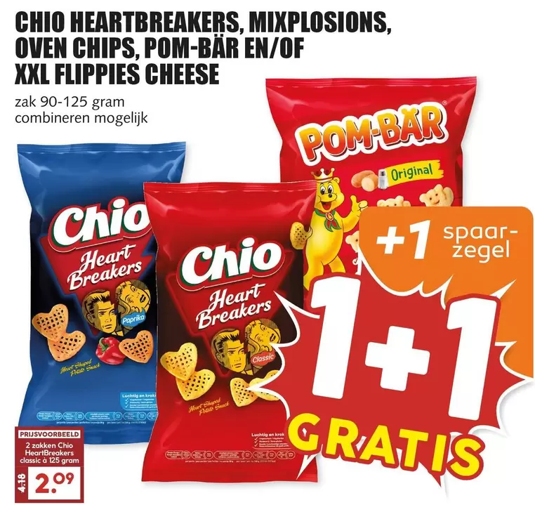 Snack - CHIO HEARTBREAKERS, MIXPLOSIONS, OVEN CHIPS, POM-BÄR EN/OF XXL FLIPPIES CHEESE