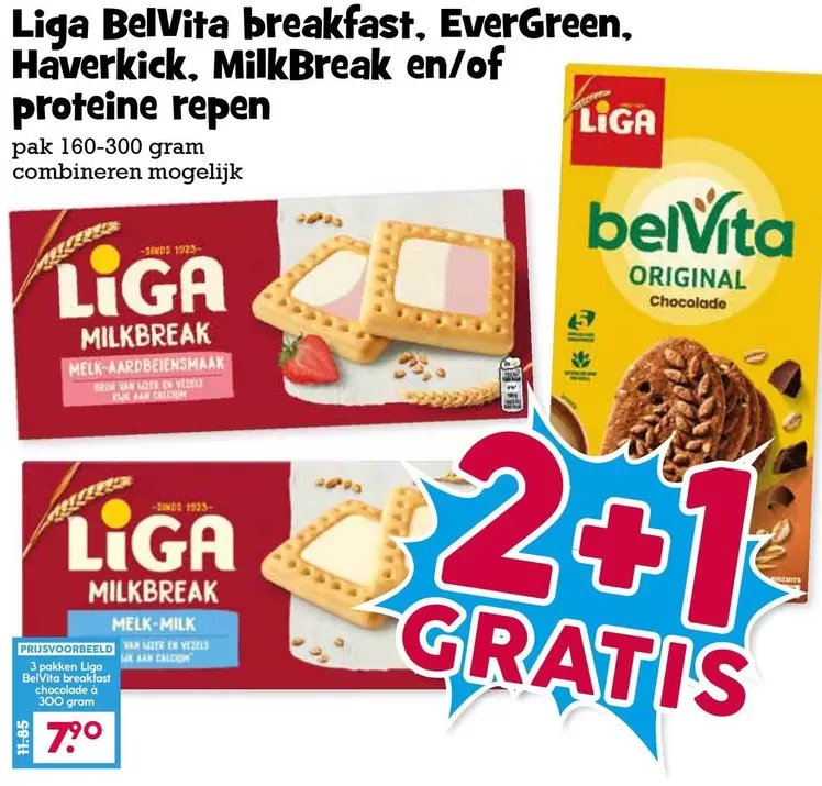 Liga BelVita breakfast. EverGreen. Haverkick. MilkBreak en/of prote
ne repen