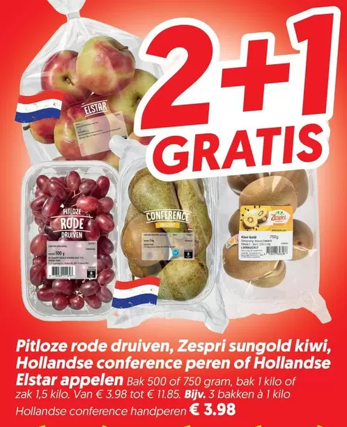 Pitloze rode druiven, Zespri sungold kiwi, Hollandse conference peren of Hollandse Elstar appelen