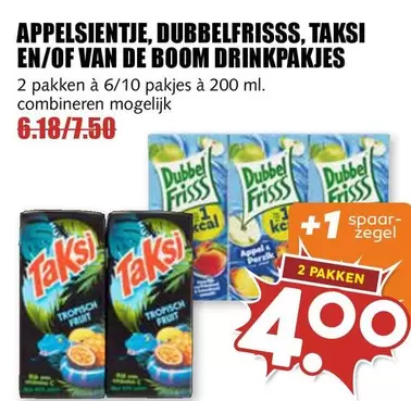 De - APPELSIENTJE, DUBBELFRISSS, TAKSI EN/OF VAN DE BOOM DRINKPAKJES