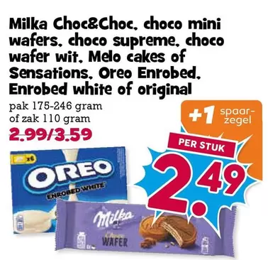 Milka - Choc&Choc, choco mini wafers, choco supreme, choco wafer wit. Melo cakes of Sensations, Oreo Enrobed, Enrobed white or original