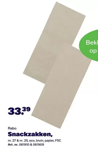Bruin - Snackzakken, nr. 27 & nr. 25, eco, bruin, papier, FSC Art. nr. 061910 & 061909