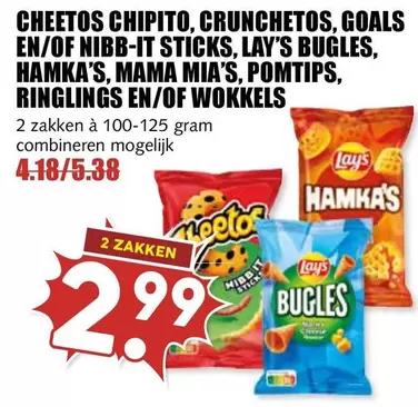 Cheetos - CHIPITO, CRUNCHETOS, GOALS EN/OF NIBB-IT STICKS, LAY'S BUGLES, HAMKA'S, MAMA MIA'S, POMTIPS, RINGLINGS EN/OF WOKKELS