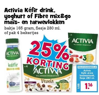 Activia -  Kéfir drink, yoghurt of Fibre mix&go maïs- en tarwevlokken