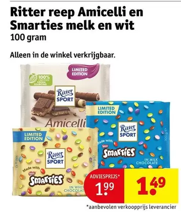 De - Ritter reep Amicelli en Smarties melk en wit