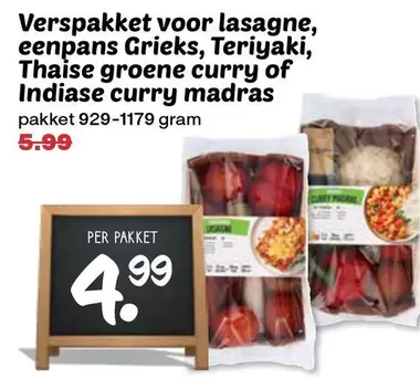 Verspakket voor lasagne, eenpans Grieks, Teriyaki, Thaise groene curry of Indiase curry madras pakket 929-1179 gram