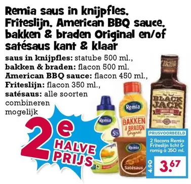 Remia saus in knijpfles. Friteslijn, American BBQ sauce, bakken & braden Original en/of satésaus kant & klaar