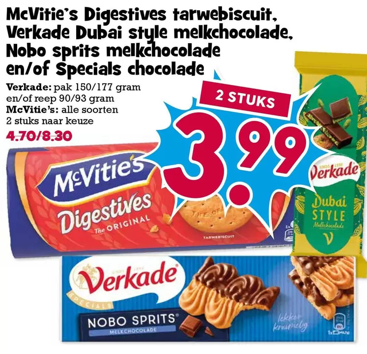 Digestives tarwebiscuit, Dubai style melkchocolade, Nobo sprits melkchocolade en/of Specials chocolade