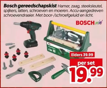 Bosch - Gereedschapskist: Hamer, zaag, steeksleutel, spijkers, latten, schroeven en moeren. Accu-aangedreven schroevendraaier.
