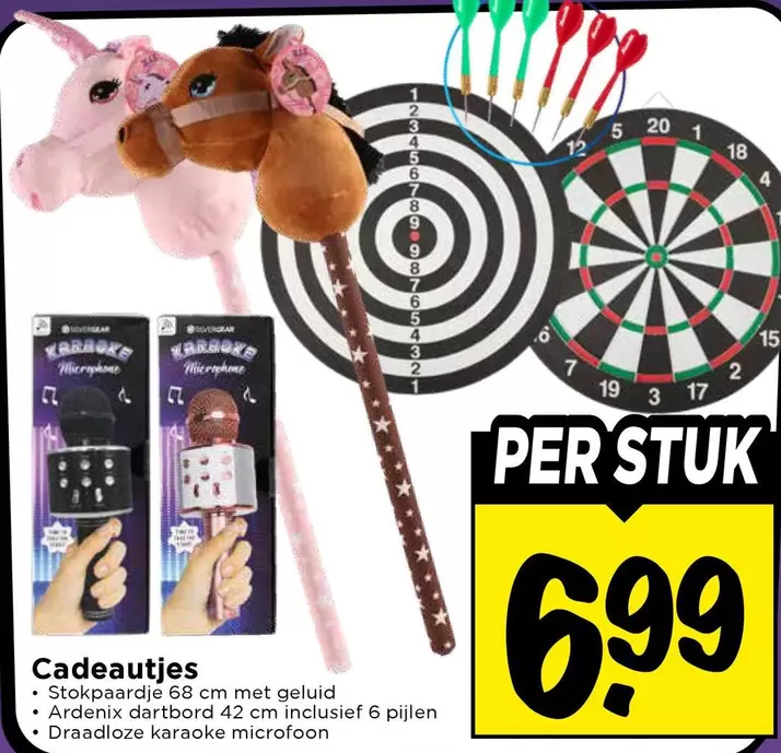 Cadeautjes - Strokpaardje 68 cm met geluid, Ardenix dartbord 42 cm inclusief 6 pijlen, Draadloze karaoke microfoon