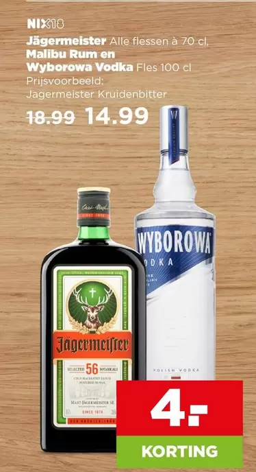 Malibu - Jägermeister Alle flessen à 70 cl,  Rum en Wyborowa Vodka Fles 100 cl