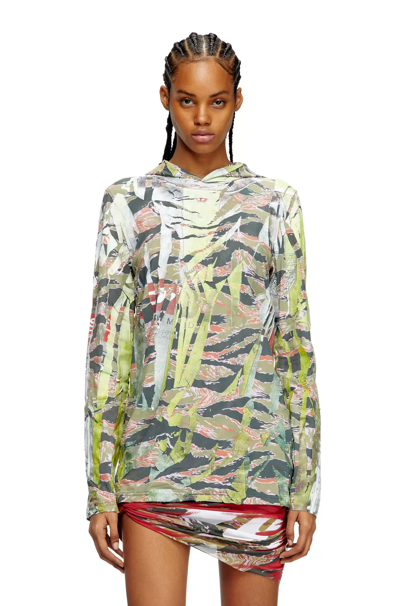 Camo hooded top with cracked over-print
