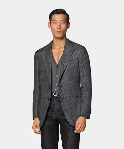 Dark Grey Checked Tailored Fit Havana Blazer