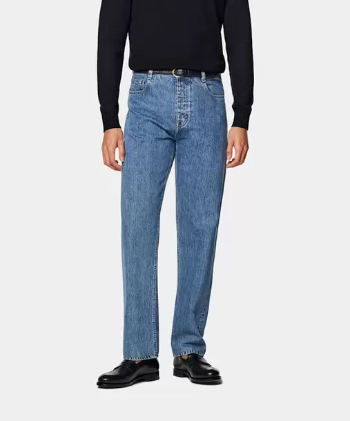 Mid Blue Straight Leg Tapered Jeans