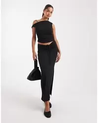 Slinky Ruched Front Maxi Skirt Co-ord - Black