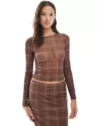 Sheer Mesh Long Sleeve Top - Brown