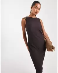 Boat Neck Maxi Plisse Dress - Brown