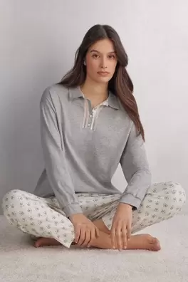 Dusty Flower Long-Sleeved Superior Cotton Polo Top