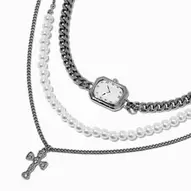Silver-tone Layered Clock Multi-Strand Necklace