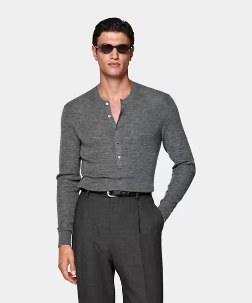 Mid Grey Ribbed Henley