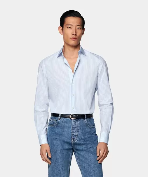 Light Blue Striped Widespread Collar Shirt