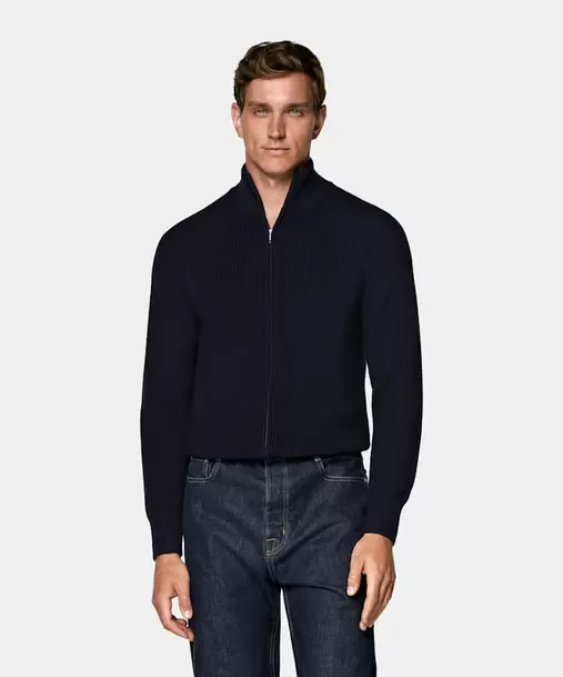 Navy Ribbed Zip Cardigan