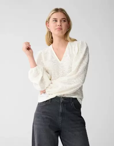 Crinkle V-hals Top Gebroken Wit