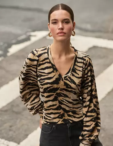 Tijgerprint Rib Jersey Top Bruin