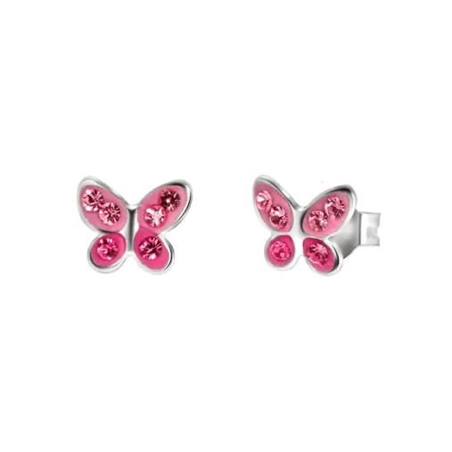 Zilveren kinderoorbellen vlinder roze kristal