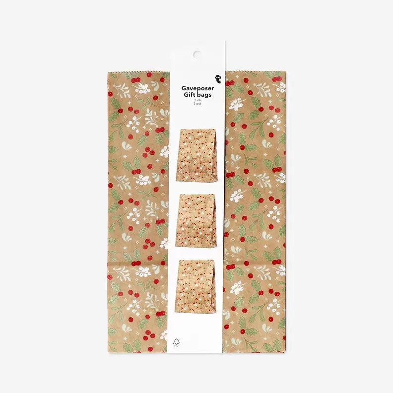 Set papieren cadeauzakjes met hulstprint - 3 stuks