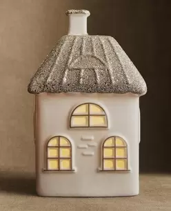 DECORATIEF AARDEWERKEN KERSTHUISJE MET VIERKANT GLITTERDAK KERSTHUISJE