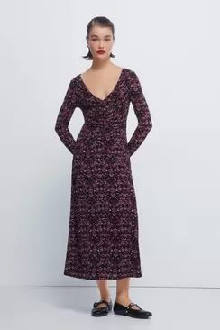 Print midi dress with gathered neckline