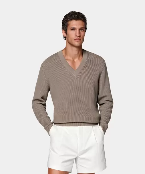 Taupe Ribbed V-Neck