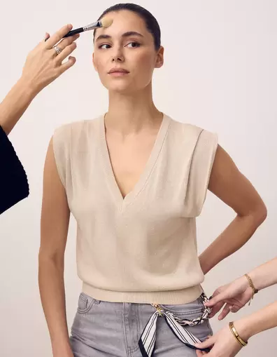 Glitter V-Neck Top Zand