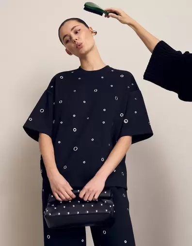 Oversized Eyelet Sweat T-shirt Zwart