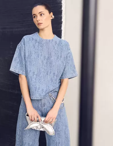 Oversized Jacquard Denim T-shirt Blauw