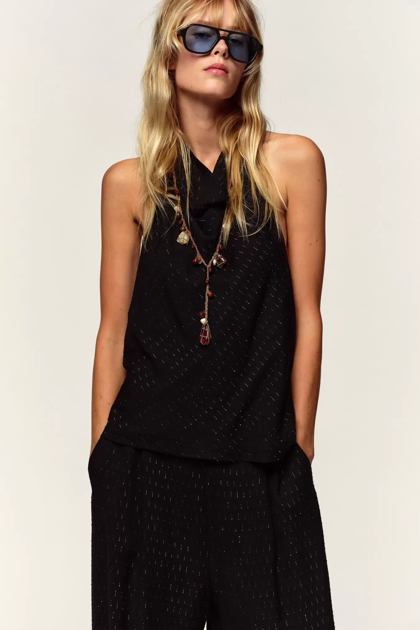 METALLIC THREAD HALTER TOP