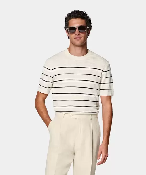 Sand Striped Jacquard Short Sleeve Crewneck